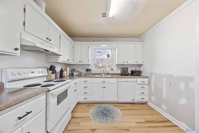 kitchen featuring white cabinets, white appliances, and sink