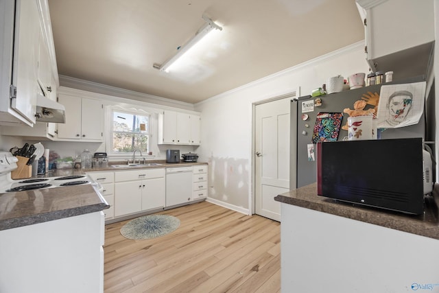 kitchen featuring dishwasher, sink, stove, white cabinets, and light wood-type flooring