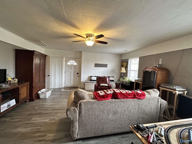 living area featuring ceiling fan and wood finished floors