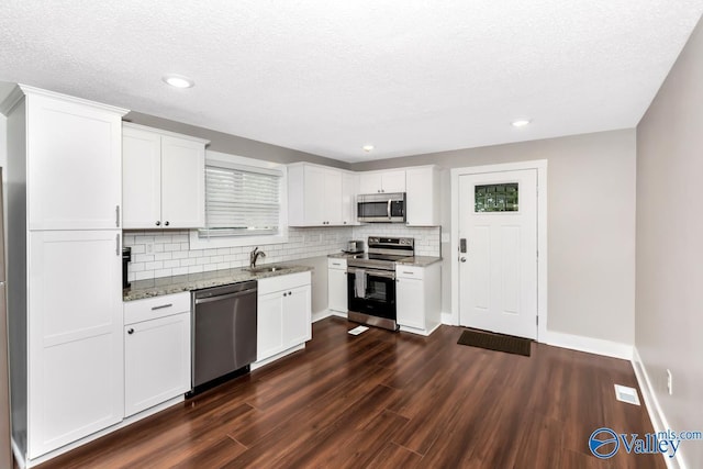 kitchen featuring stainless steel appliances, a sink, tasteful backsplash, light stone counters, and dark wood-type flooring