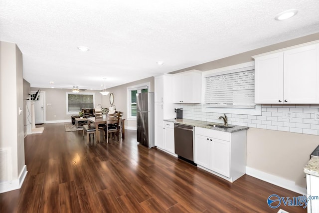 kitchen featuring tasteful backsplash, a sink, stainless steel appliances, baseboards, and dark wood-type flooring