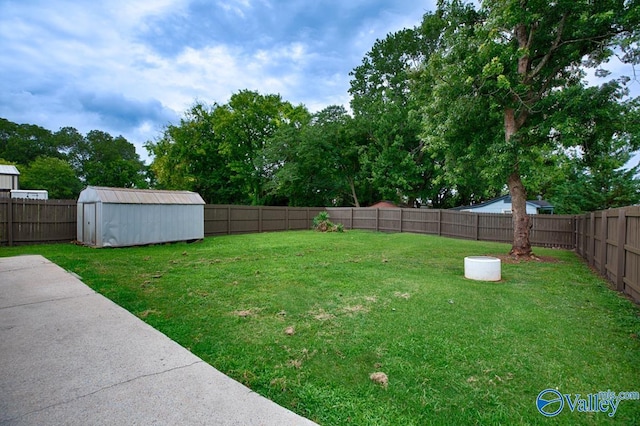 view of yard with a storage shed, a fenced backyard, and an outdoor structure