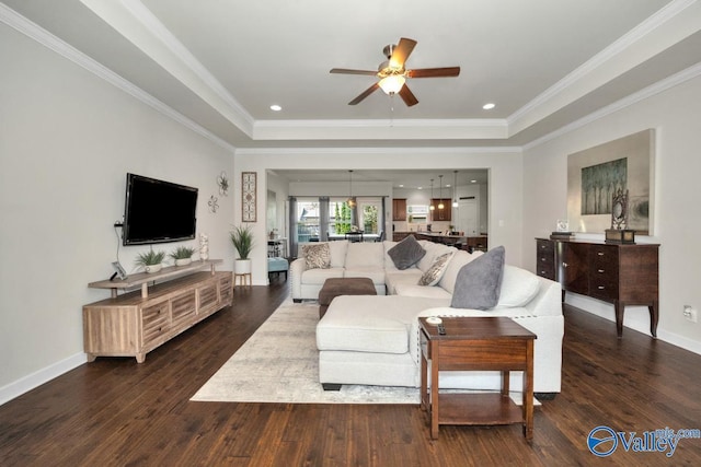 living room featuring dark wood-type flooring, crown molding, and a raised ceiling