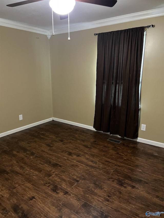 2143 Meadowood Dr, Southside, AL 35907 - unfurnished room with ornamental molding, ceiling fan, dark wood-style flooring, and baseboards