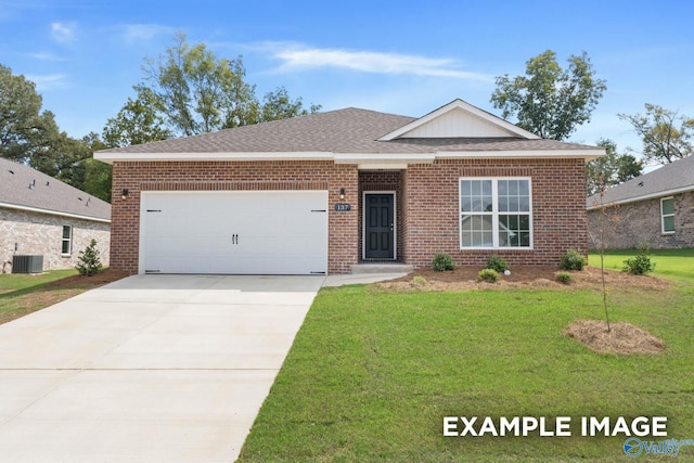 ranch-style house with a garage, central air condition unit, and a front yard