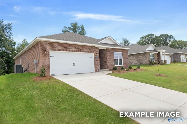 single story home featuring a front lawn, central AC unit, and a garage