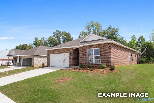 ranch-style house featuring a front yard and a garage