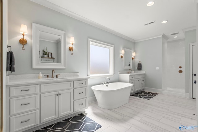 bathroom with vanity, independent shower and bath, and ornamental molding