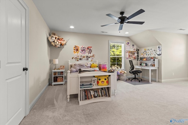 recreation room featuring light carpet, vaulted ceiling, and ceiling fan