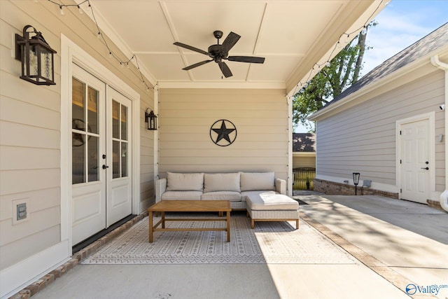 view of patio featuring an outdoor living space, ceiling fan, and french doors