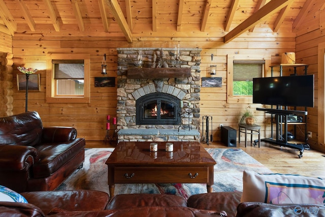 420 County Road 496, Centre, AL 35960 - living area with wooden walls, vaulted ceiling with beams, and wood ceiling