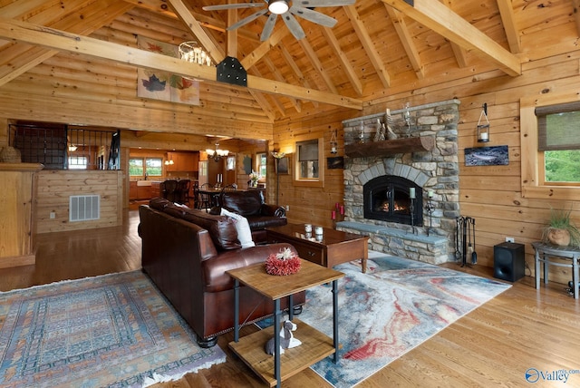 420 County Road 496, Centre, AL 35960 - living room featuring beamed ceiling, wooden walls, hardwood / wood-style floors, and visible vents