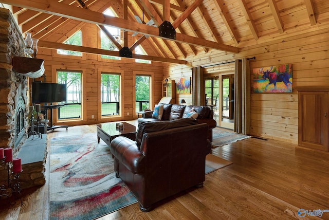 420 County Road 496, Centre, AL 35960 - living area featuring beam ceiling, wood finished floors, and wooden walls