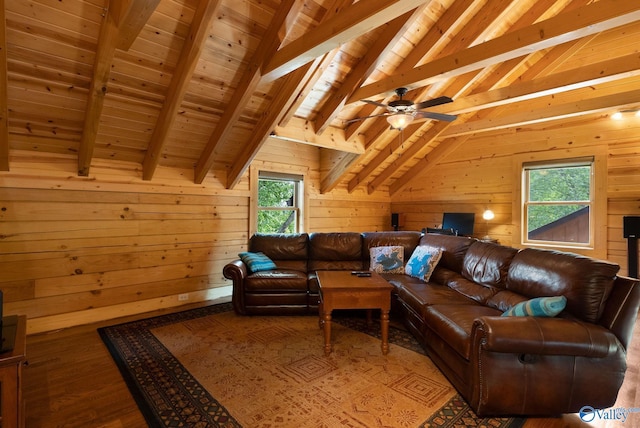 420 County Road 496, Centre, AL 35960 - living room featuring lofted ceiling with beams, plenty of natural light, wood finished floors, and wood ceiling