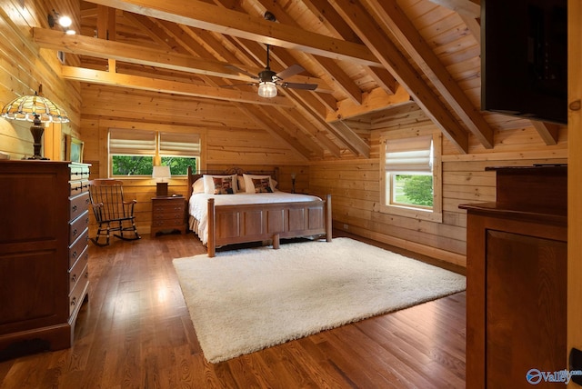 420 County Road 496, Centre, AL 35960 - bedroom featuring wood walls, dark wood-style flooring, vaulted ceiling with beams, and wooden ceiling