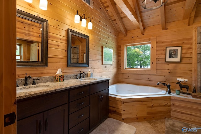 420 County Road 496, Centre, AL 35960 - full bath with lofted ceiling with beams, a sink, wood walls, and visible vents