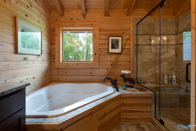 420 County Road 496, Centre, AL 35960 - bathroom featuring beam ceiling, wood walls, and a stall shower