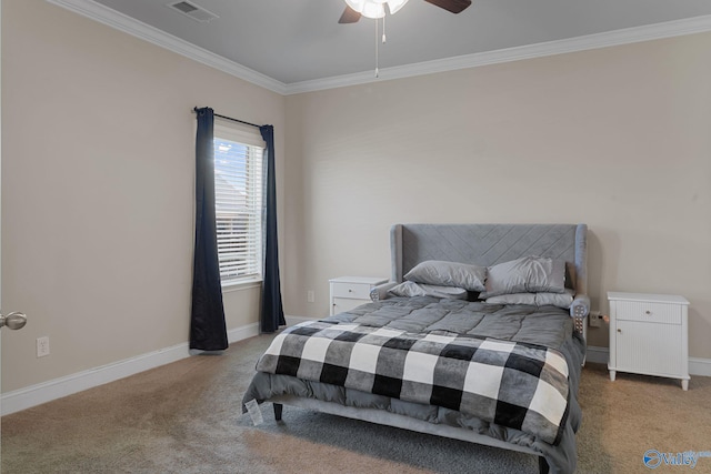 28622 Paseo Rd, Madison, AL 35756 - bedroom with light colored carpet, ornamental molding, baseboards, and a ceiling fan