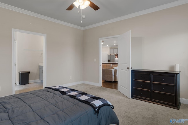 28622 Paseo Rd, Madison, AL 35756 - bedroom with ornamental molding, stainless steel fridge with ice dispenser, baseboards, light colored carpet, and ensuite bath