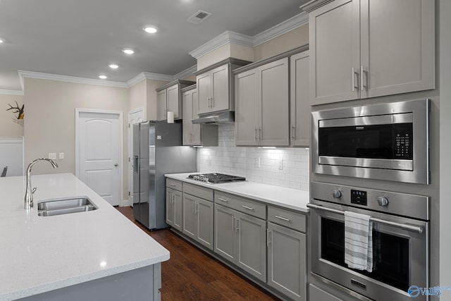28622 Paseo Rd, Madison, AL 35756 - kitchen featuring appliances with stainless steel finishes, a sink, gray cabinets, crown molding, and decorative backsplash