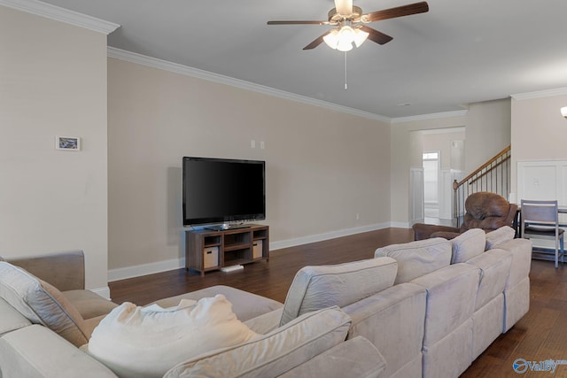 28622 Paseo Rd, Madison, AL 35756 - living area with ceiling fan, ornamental molding, wood finished floors, stairway, and baseboards