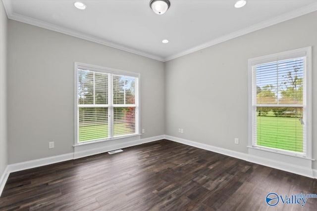 545 Pan Creek Rd, Baileyton, AL 35019 - unfurnished room with recessed lighting, dark wood-type flooring, crown molding, visible vents, and baseboards