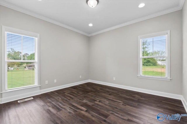 545 Pan Creek Rd, Baileyton, AL 35019 - empty room featuring recessed lighting, crown molding, baseboards, visible vents, and dark wood-style floors