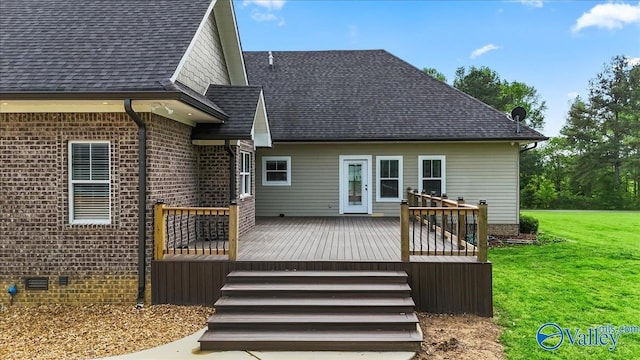 545 Pan Creek Rd, Baileyton, AL 35019 - back of house with a deck, brick siding, a shingled roof, crawl space, and a lawn