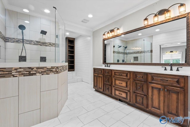 545 Pan Creek Rd, Baileyton, AL 35019 - bathroom with crown molding, a sink, double vanity, a stall shower, and recessed lighting