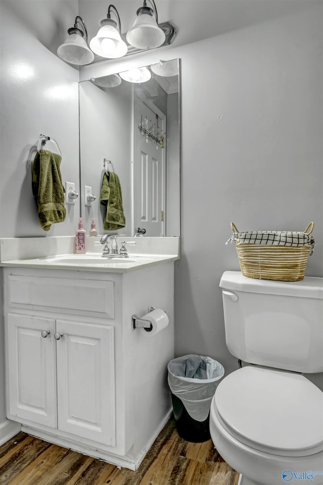 bathroom with wood-type flooring, vanity, and toilet