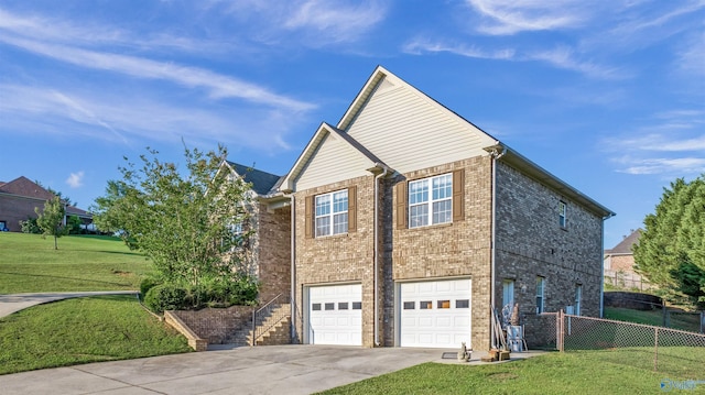 view of property exterior featuring a lawn and a garage