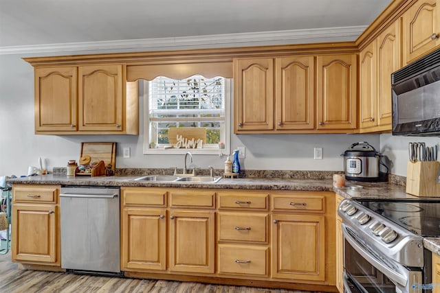 kitchen featuring appliances with stainless steel finishes, light hardwood / wood-style flooring, ornamental molding, and sink