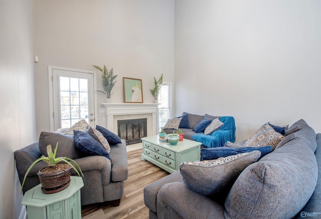 living area featuring light wood-type flooring, plenty of natural light, a glass covered fireplace, and a towering ceiling