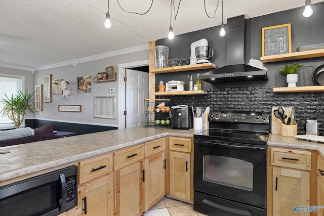 kitchen featuring black / electric stove, wall chimney range hood, open shelves, and light brown cabinetry