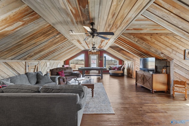 living room with billiards, vaulted ceiling, ceiling fan, wood ceiling, and wood finished floors