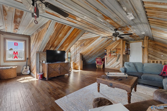 living area featuring ceiling fan, hardwood / wood-style floors, wooden ceiling, wood walls, and lofted ceiling