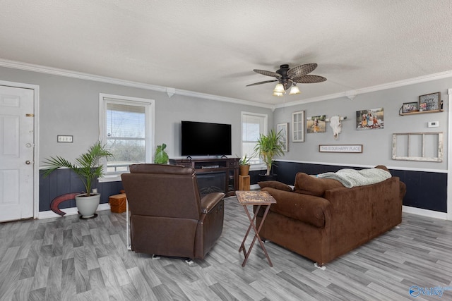 living room with ornamental molding, ceiling fan, plenty of natural light, and light wood-style floors