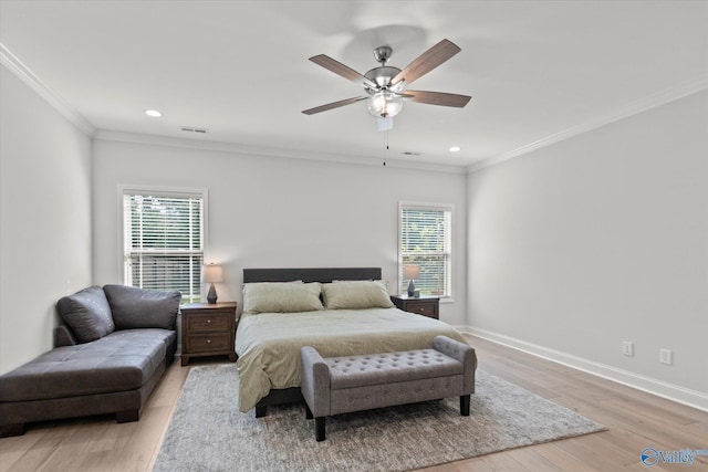 9045 Redstone Square Dr, Huntsville, AL 35824 - bedroom featuring multiple windows, crown molding, light wood finished floors, recessed lighting, and ceiling fan
