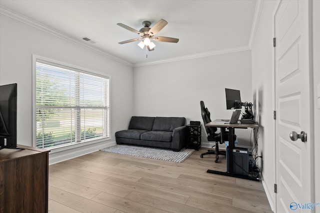 9045 Redstone Square Dr, Huntsville, AL 35824 - office area featuring a ceiling fan, ornamental molding, and light wood-type flooring