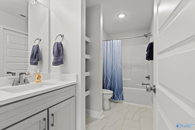 9045 Redstone Square Dr, Huntsville, AL 35824 - full bathroom with marble finish floors, vanity, shower / tub combo, and recessed lighting