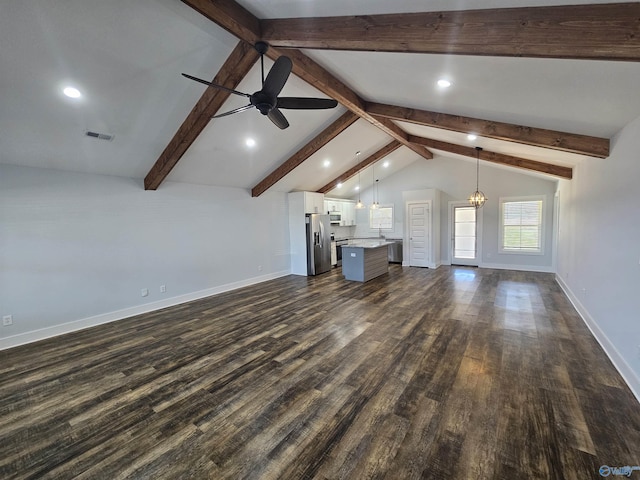 unfurnished living room with visible vents, baseboards, dark wood finished floors, lofted ceiling with beams, and a ceiling fan