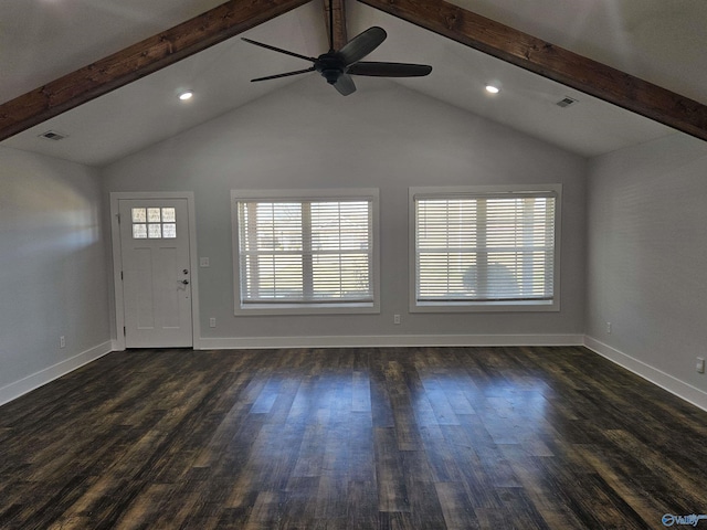 unfurnished living room with lofted ceiling with beams, dark wood-type flooring, and baseboards