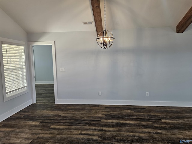 unfurnished dining area with visible vents, baseboards, dark wood finished floors, lofted ceiling with beams, and a notable chandelier