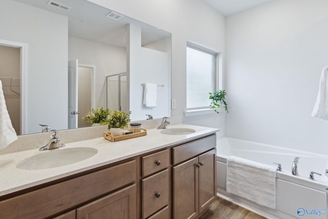 bathroom featuring vanity, hardwood / wood-style flooring, and plus walk in shower