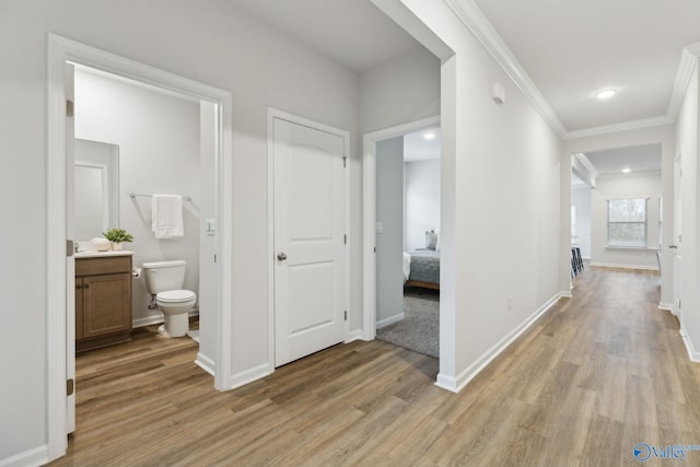 corridor featuring crown molding and light hardwood / wood-style flooring