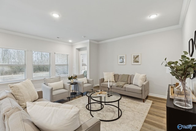 living room featuring crown molding and light wood-type flooring