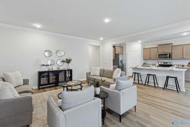 living room with crown molding and light hardwood / wood-style floors