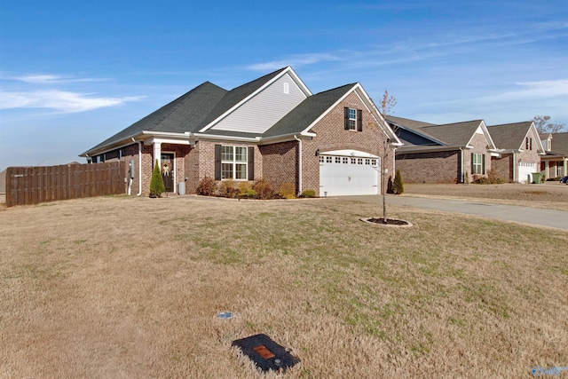 view of front of house featuring concrete driveway, a front lawn, brick siding, fence, and a shingled roof