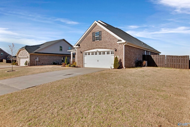 view of front of property with fence, a front lawn, brick siding, an attached garage, and driveway