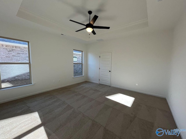 carpeted spare room with ceiling fan and a raised ceiling